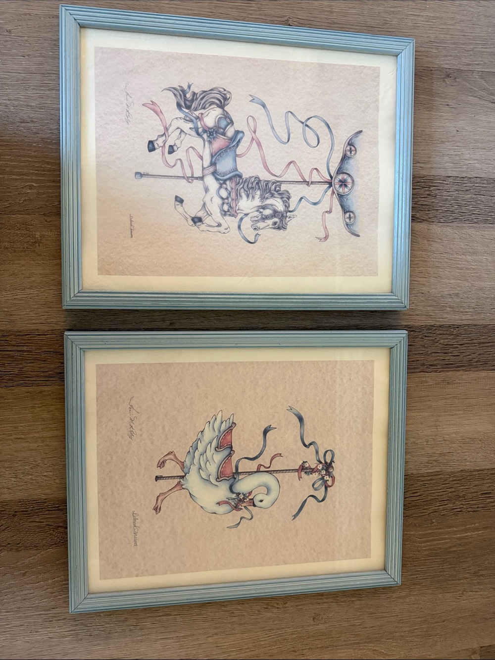 Set of 2 Framed Carousel Horse & Swan Prints in Light Blue Frames vintage